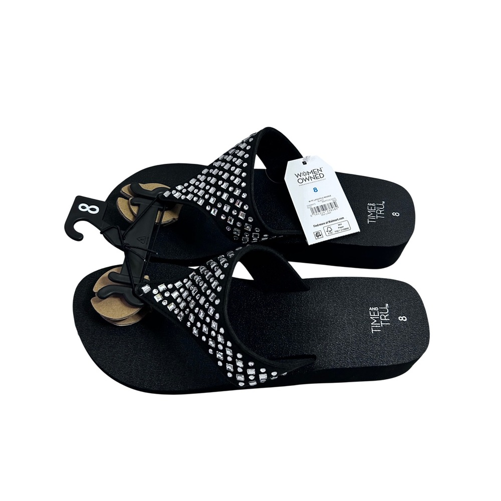 Time and Tru Lifestyle Wedge 8 Black Rhinestone Platform Sandals Women